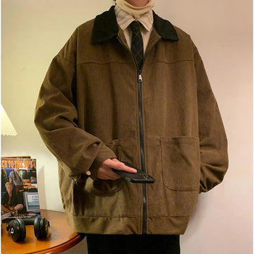 Wiaofellas New Jackets American Vintage High Street Zipper Jacket Men Autumn Winter Casual Male Oversize Loose Patchwork Corduroy Coat
